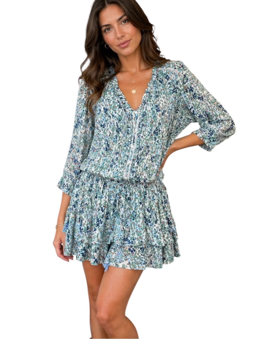 Poupette St Barth Sylvia Mini Dress Drop Waist V-Neck 3/4 Sleeve Blue Floral